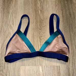 OneOne Swim Kameron Triangle Color Block Bikini Top Navy Teal Tan Shiny